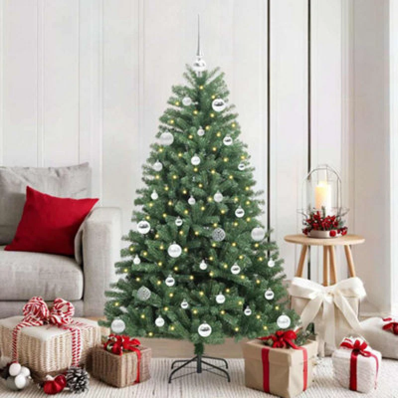 Image of vidaXL Artificial Hinged Christmas Tree with Silver Balls Green 150cm PVC and Metal, Green 3395483