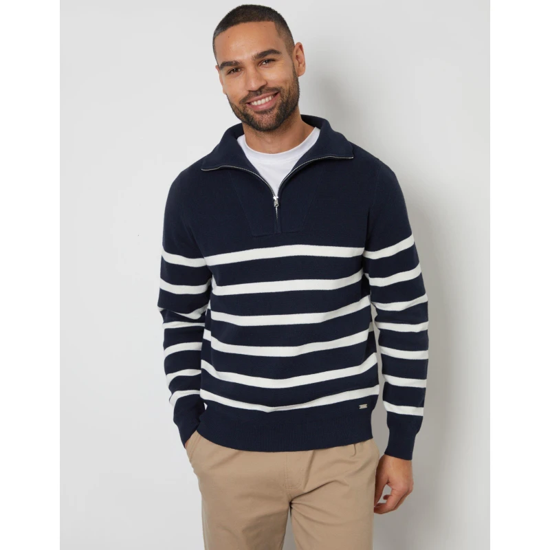 Image of Threadbare Striped Quarter Zip Knitted Jumper Navy