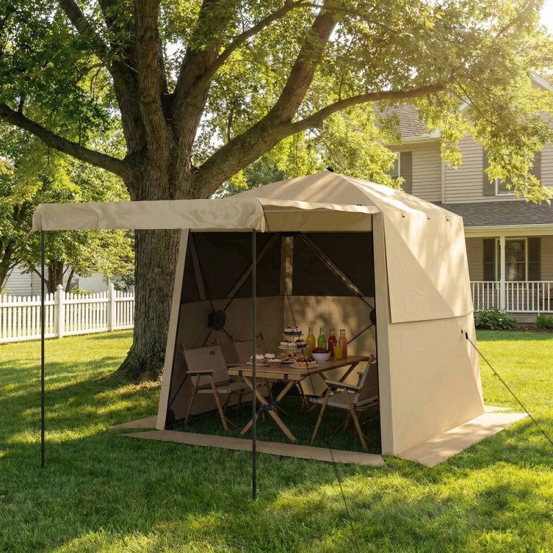 Image of OUTSUNNY 2 x 2m Waterproof Pop Up Gazebo with Awning, Sides in Khaki Size: 2m x 2m Khaki Unisex 2m x 2m