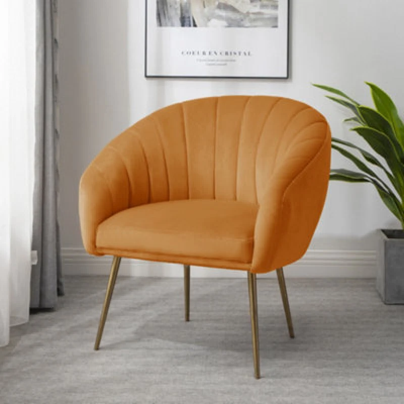 Image of Helena 74Cm Wide Orange Shell Back Velvet Fabric Accent Chair With Brass Coloured Steel Legs