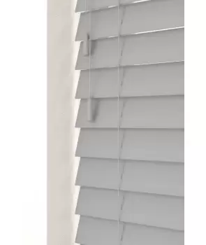 Image of Dove Grey 50mm Fine Grain Slatted Faux Wood Venetian Blinds with Strings 130cm Drop