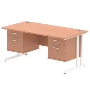 Image of Impulse 1600 Rectangle White Cant Leg Desk Beech 2 x 2 Drawer Fixed