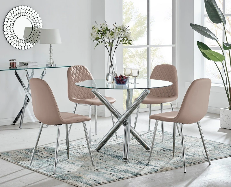 Image of FurnitureboxUK FurnitureboxUK Selina Round Glass Chrome Leg Dining Table and Corona Silver Leg Chairs in Beige Size: 4 Person Beige 4 Person Unisex