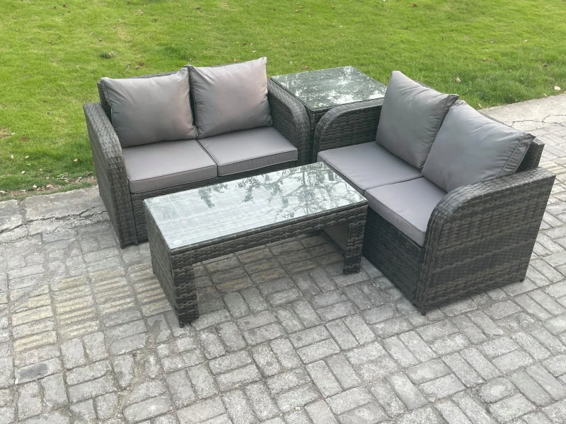 Image of Fimous High Back Rattan Garden Furniture Set with Loveseat Sofa Coffee Table Indoor Outdoor Patio Lounge Sofa Set Dark Grey