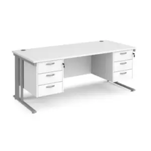 Image of Office Desk Rectangular Desk 1800mm With Double Pedestal White Top With Silver Frame 800mm Depth Maestro 25 MCM18P33SWH