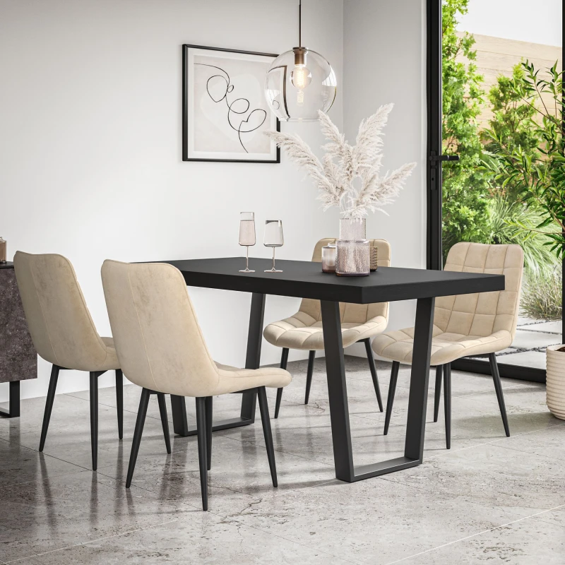 Image of More4Homes Aria Dining Table And Chairs - Black Table Top W Black Legs + Nova Velvet Dining Chair Set Of 4 (Beige)