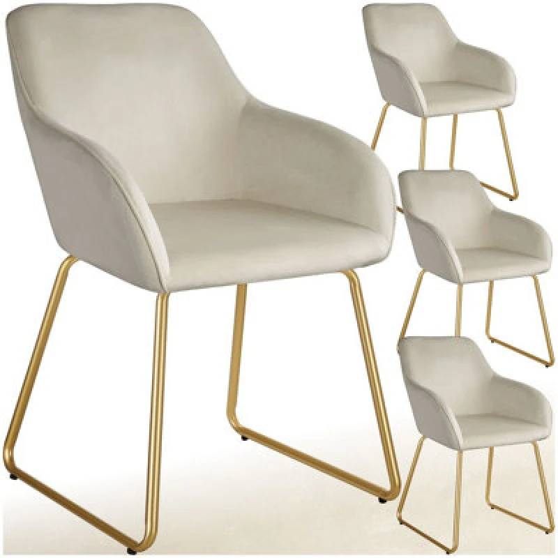 Image of Tectake Set Of 4 Dining Chair Jeane - Velvet Look, Cantilever Frame - Velvet Look Cream/gold