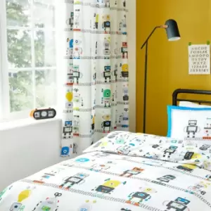 Image of Kids Robots Print Lined Pencil Pleat Curtains, Blue, 66 x 72" - Bedlam