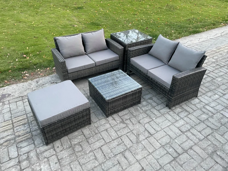 Image of Fimous Rattan Garden Furniture Set 5 piece Patio Rattan Furniture Sofa Weaving Wicker includes 2 Double Seat Sofa, Coffee Table, Big Footstool Dark Gr