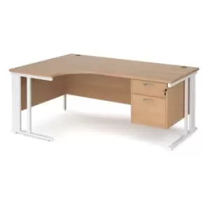 Image of Office Desk Left Hand Corner Desk 1800mm With Pedestal Beech Top With White Frame 1200mm Depth Maestro 25 MCM18ELP2WHB