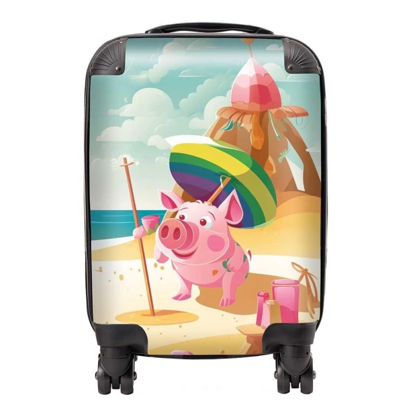 Image of Warren Reed - Designer Piglet On A Beach Holiday Suitcase in Yellow Size: Cabin Yellow Unisex Cabin