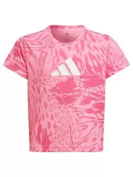 Image of Adidas Junior Girls 3 Bar All Over Print Training Icons Short Sleeve T-Shirt - Bright Pink