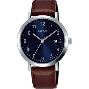 Image of Lorus RXN49DX9 Mens Classic Padded Brown Leather Strap Dress Watch with Sunray Blue Dial