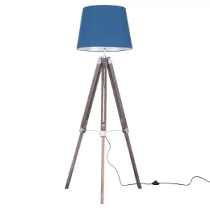 Image of Clipper Light Wood Tripod Floor Lamp with Navy Blue Aspen Shade