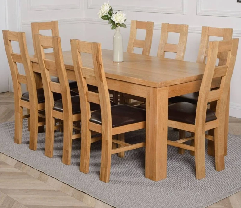 Image of Thats Furniture Dakot 182 x 92cm Oak Large Dining Table & 8 Yale Chairs in Brown Size: 182 x 92cm Brown Unisex 182 x 92 cm