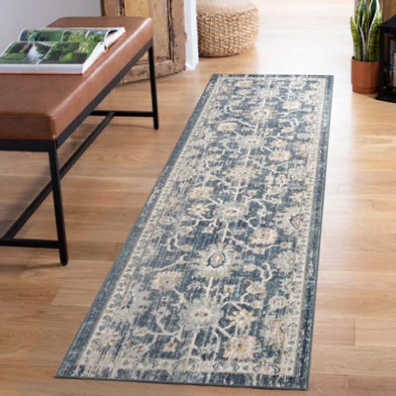 Image of Maia Washable Low Pile Non Slip Lagoon Traditional Area Rug - Navy, 60 X 220 Cm (Runner)