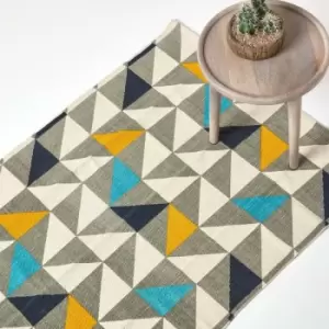 Image of HOMESCAPES Copenhagen Blue, Yellow and Grey 100% Cotton Geometric Style Scandi Printed Rug, 90 x 150cm - Multi Colour