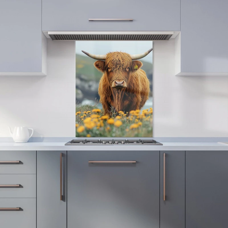 Image of Warren Reed - Designer Highland Cow By The Coast Kitchen Splashback in Brown Size: 600mm x 750mm Brown Unisex 600mm x 750mm