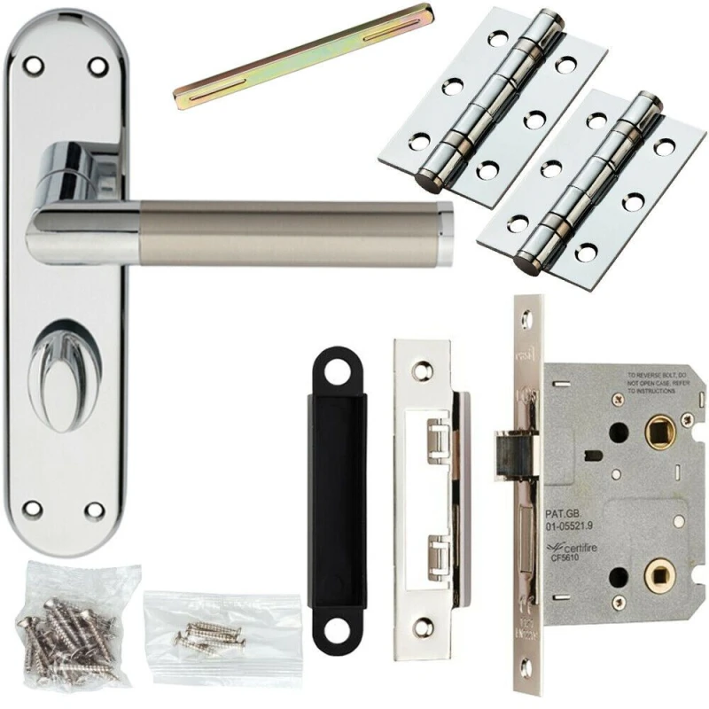 Image of Loops Door Handle & Bathroom Lock Pack Chrome & Satin Nickel Modern Flat Backplate Metallics
