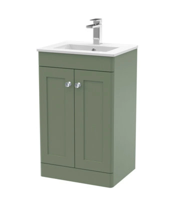 Image of Nuie Classique 500mm Satin Green Floor Standing 2 Door Vanity Unit With Basin And Soft Close Doors-Satin Green