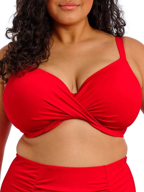 Image of Elomi Womens Plain Sailing Wrap Plunge Bikini Top in Red Size: 38GG Red Female 38GG