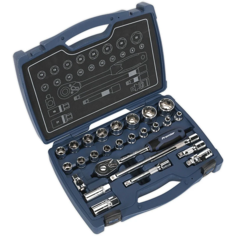 Image of Loops 26pc PREMIUM Deep Socket & Ratchet Handle Set 1/2" Square Drive 6 Point Metric Multi