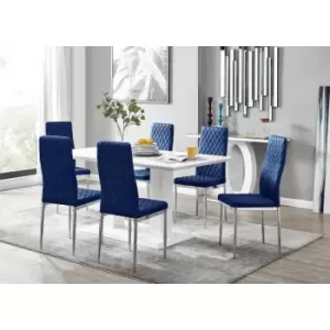 Image of Furniturebox UK - Furniturebox Imperia 6 High Gloss White Modern Dining Table and 6 Navy Milan Faux Leather Dining Chairs With Silver Legs Diamond