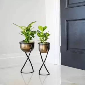 Image of Ivyline Indoor Kensington Brass Metal Round Planter On Stand - H42Cm X W14Cm