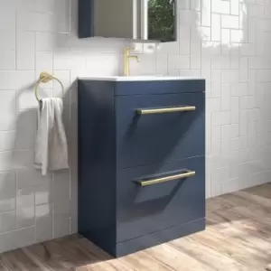 Image of 600mm Freestanding Blue Vanity Unit with Basin and Brushed Brass Handle - Ashford