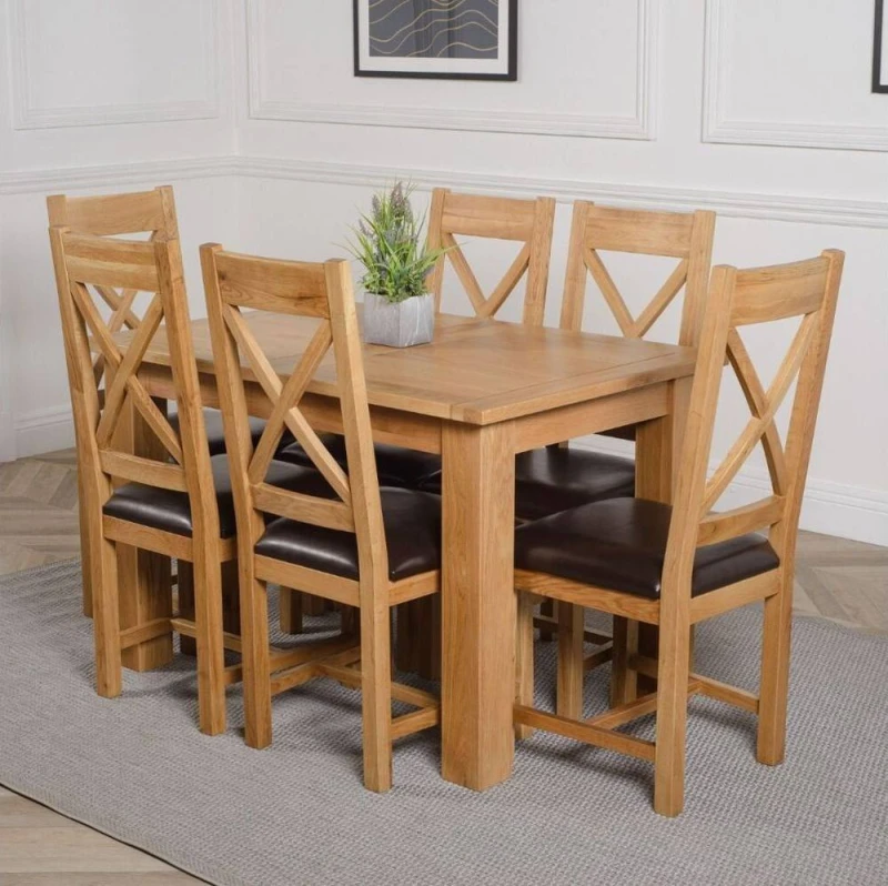 Image of Thats Furniture Hampton 120-160cm Oak Extending Dining Table & 6 Berkeley Leather Chairs in Brown Brown Unisex
