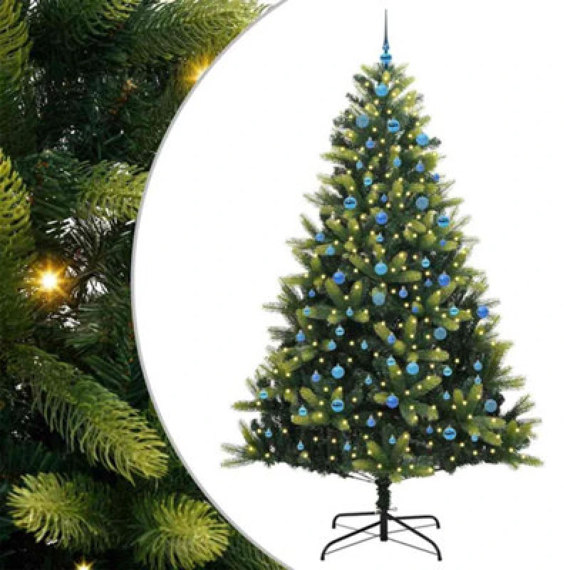 Image of vidaXL Artificial Hinged Christmas Tree 300 LEDs, Blue Balls Green 240 cm, Green 3396016