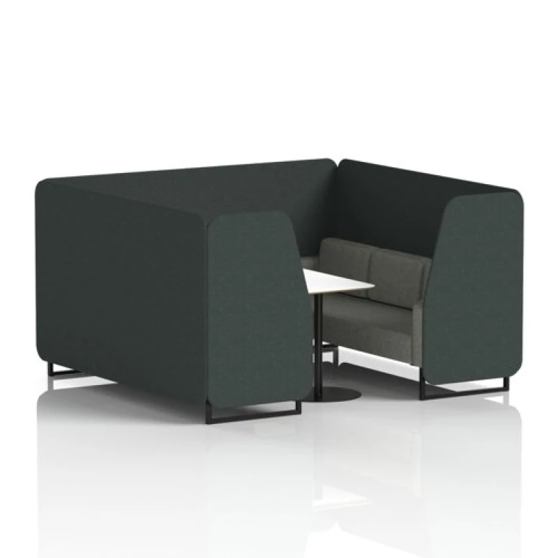 Image of Brixworth 6 Seater Office Booth with Front Panel - Black Legs and White Table with Black Leg in Rivet Fabric - Charcoal Panels and Vitreous Sofa
