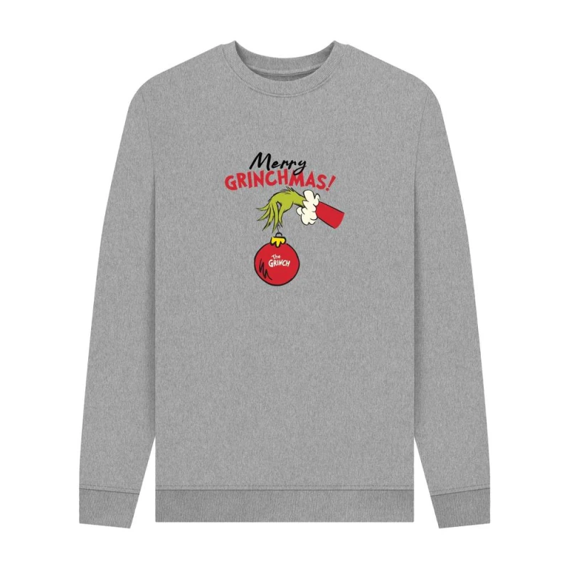 Image of The Grinch Mens Merry Grinchmas Bauble Sweatshirt in Light Grey Size: Small Light Grey Male S