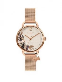 Image of Radley Silver And Rose Gold Floral Dial With Charm Rose Gold Stainless Steel Mesh Strap Ladies Watch