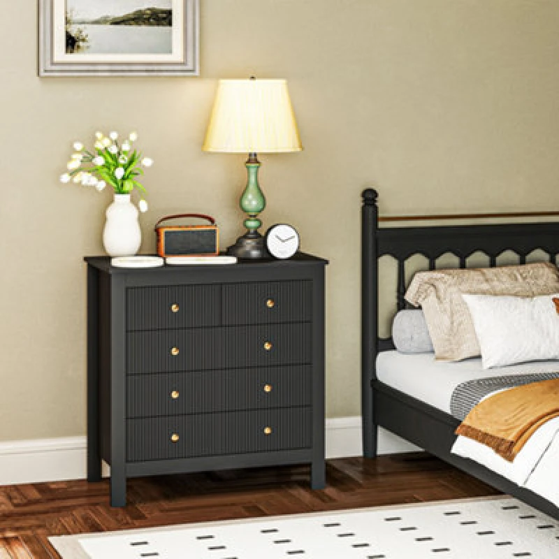 Image of HOMCOM Fluted Bedroom Chest of Drawers w/ 5 Drawers Gold Tone Handles - Black TJ Hughes White 5063603495258