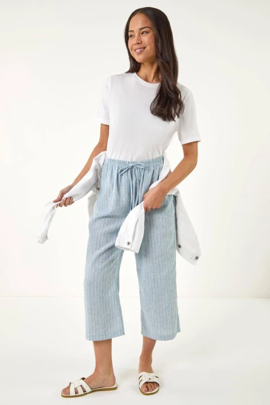 Image of Roman Womens Petite Stripe Cropped Wide Leg Trouser in Blue Size: 12 Blue Female 12