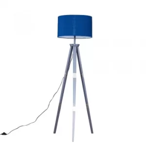 Image of Willow Grey Tripod Floor Lamp with XL Navy Blue Reni Shade