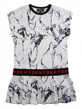 Image of DKNY Girls Marble Print Logo Peplum Dress - White, Size 16 Years, Women