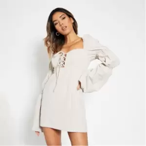 Image of I Saw It First Woven Lace Up Puff Sleeve Mini Dress - Neutral