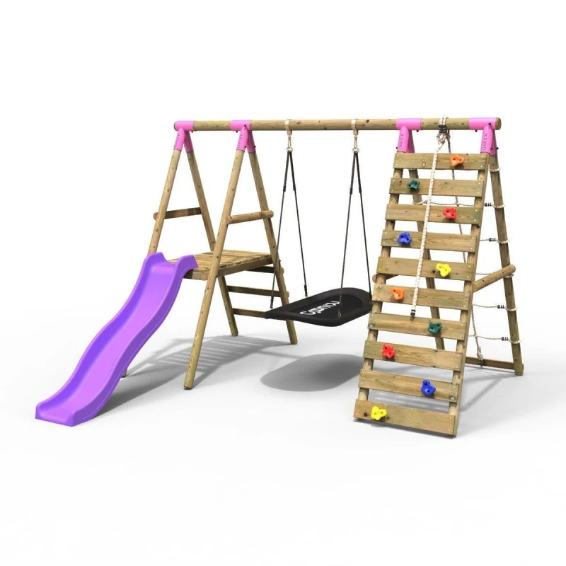 Image of Rebo Wooden Swing Set with Boat Swing, Slide and Climbing Wall - Onyx Pink Pink