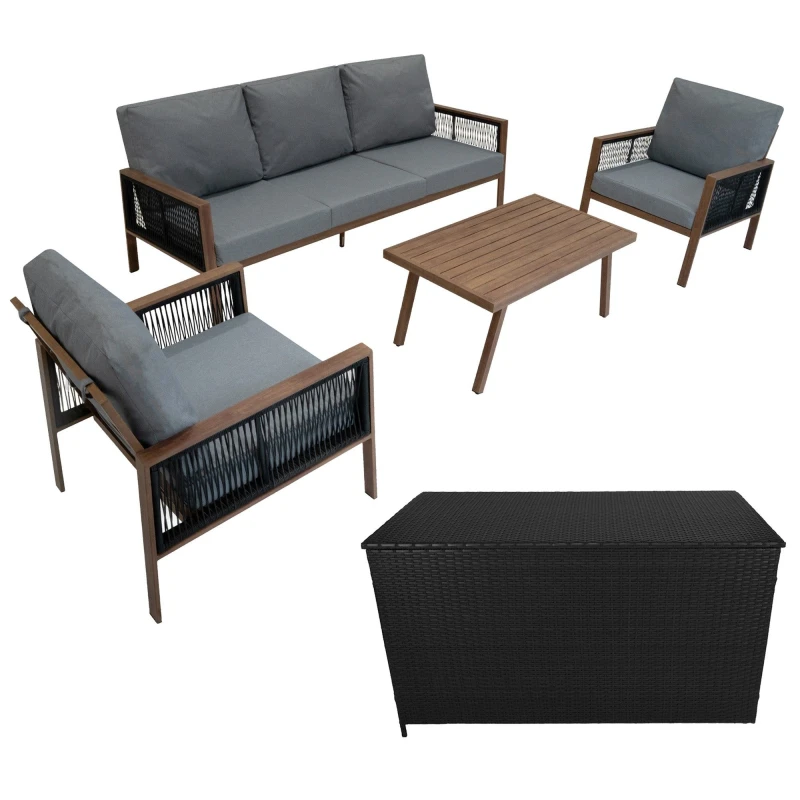 Image of Monstershop Aluminium 4 Piece Sofa Set with Black Rattan Storage Box - Wood Effect in Brown Brown Unisex