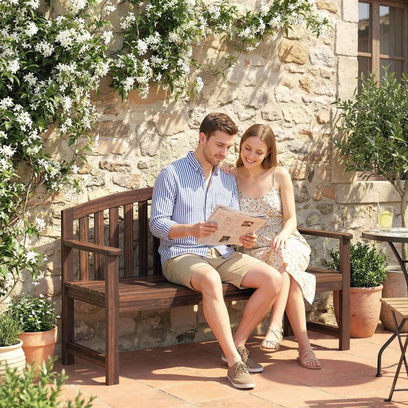 Image of OUTSUNNY 2 Person Garden Bench, Wooden Outdoor Furniture with Armrest in Brown Brown Unisex