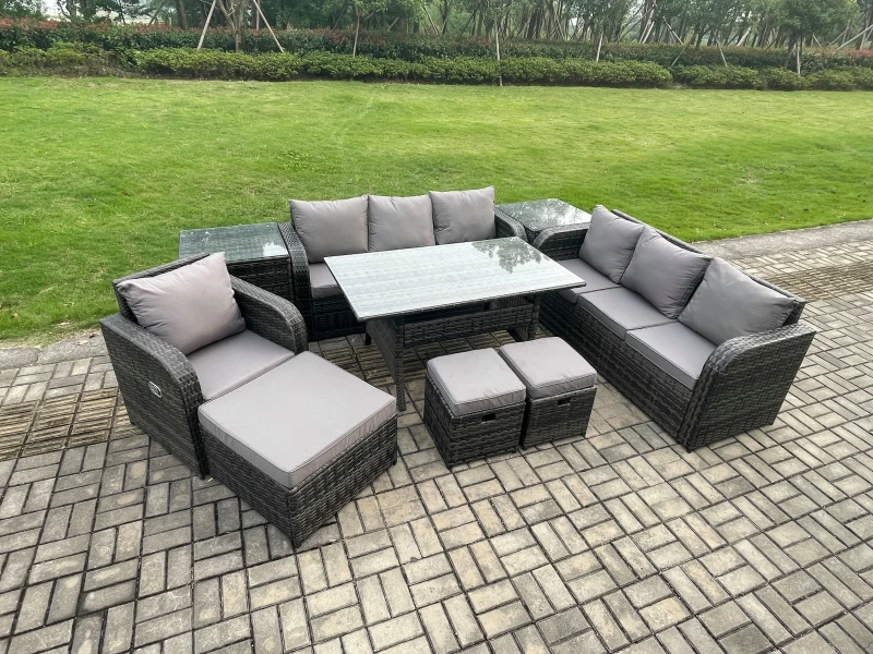 Image of Fimous 10 Seater Outdoor Rattan Garden Furniture Set Oblong Rectangular Dining Table & Chairs Set with 3 Seater Sofa 3PC Footstools 2 Side Tables Dark