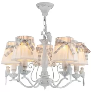 Image of Bird Chandelier White Antique with Linen Shade, 5 Light, E14