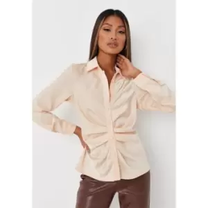 Image of Missguided Petite Ruched Front Satin Shirt Slim - Neutral