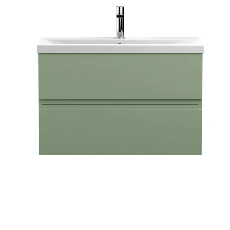 Image of Nuie Hudson Reed Urban Wall Hung 2 Drawer Vanity Unit With Mid-Edge Ceramic Basin, Modern Bathroom Furniture In Satin Green, 800mm
