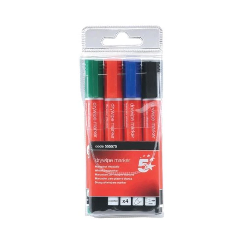 Image of 5 Star Office Drywipe Markers Xylene/Toluene-free Bullet Tip 3mm Line Wallet Assorted (4 Pack) 555575