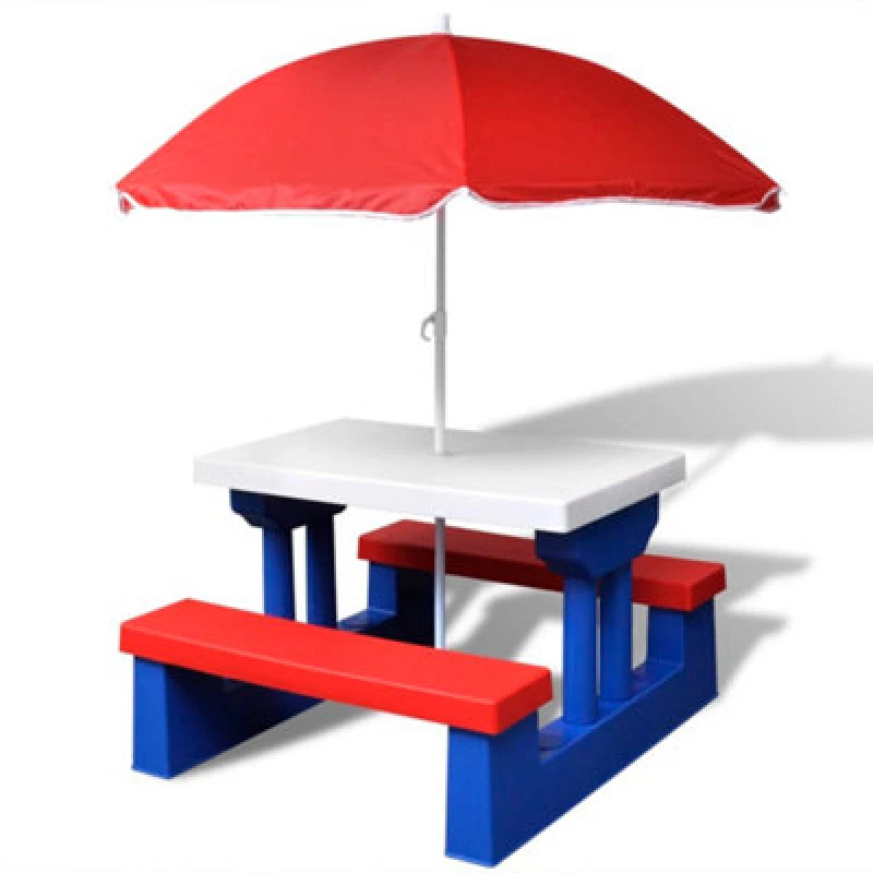 Image of Kids Picnic Table with Umbrella Garden Table Bench Parasol Set Children