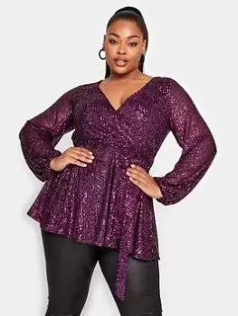 Image of Yours Sequin Long Sleeve Wrap Top, Pink, Size 16, Women