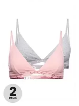 Image of Superdry Organic Cotton Harper Triangle Bralette 2 Pack - Pale Pink/Grey, Pink, Size 12, Women